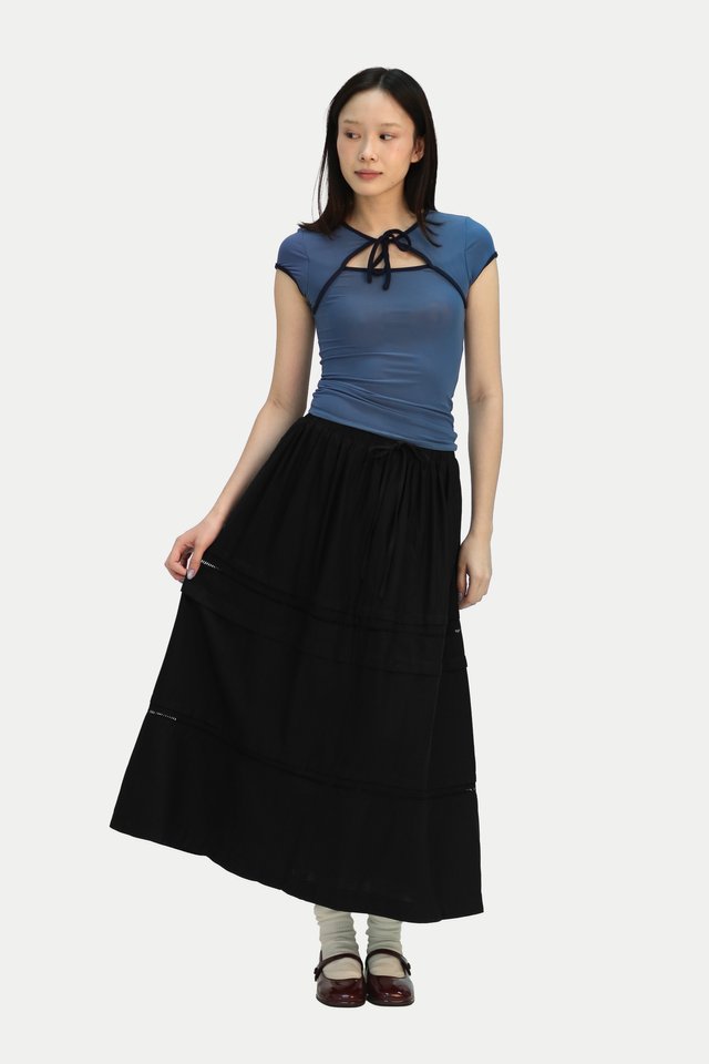 NANCY LINEN COTTAGE GATHER SKIRT IN BLACK