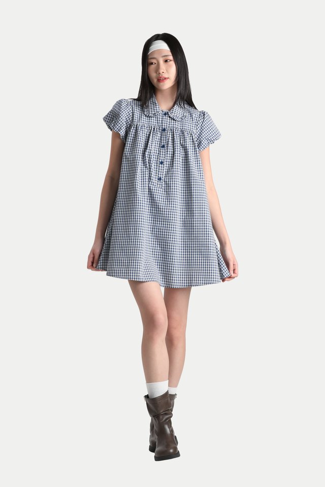 ELENA BABYDOLL ROMPER DRESS IN BLUE CHECKS