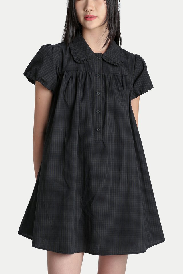 ELENA BABYDOLL ROMPER DRESS IN BLACK CHECKS
