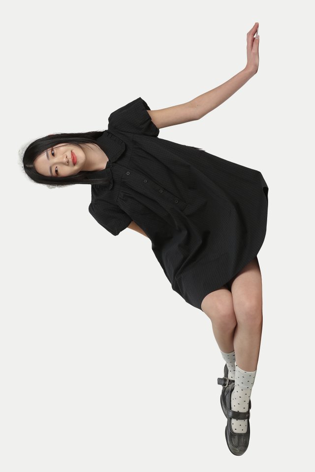 ELENA BABYDOLL ROMPER DRESS IN BLACK CHECKS