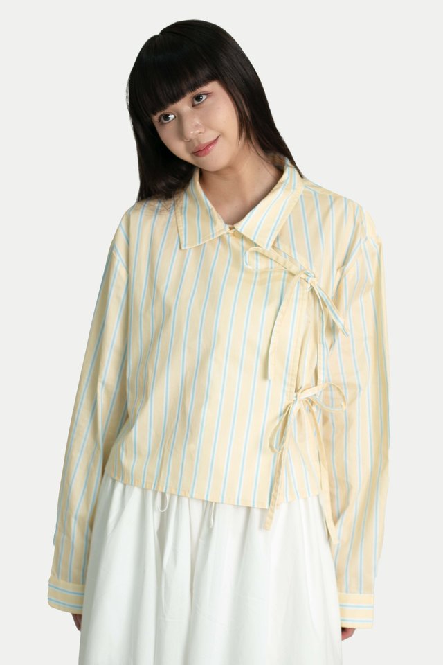 YUKI DOUBLE-BREASTED RIBBON CROP SHIRT IN BUTTER STRIPES