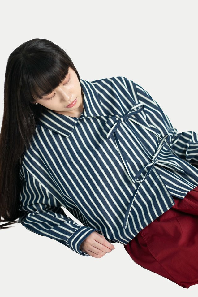 YUKI DOUBLE-BREASTED RIBBON CROP SHIRT IN NAVY STRIPES