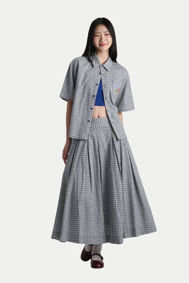ARCADE X TESS SMITH-ROBERTS "SUPER FRESH" PLEATED SKIRT IN BLUE CHECKS