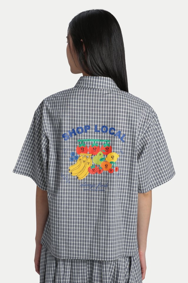 ARCADE X TESS SMITH-ROBERTS "SHOP LOCAL" BOXY SHIRT IN BLUE CHECKS