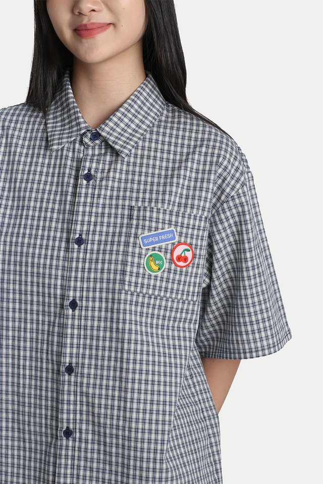 ARCADE X TESS SMITH-ROBERTS "SHOP LOCAL" BOXY SHIRT IN BLUE CHECKS