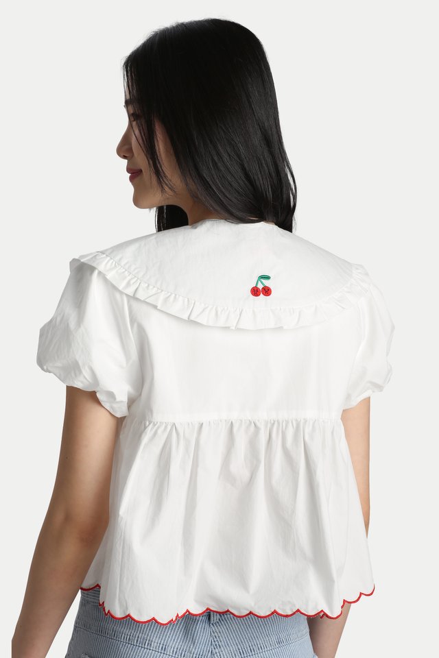 ARCADE X TESS SMITH-ROBERTS “CHERRY” DETACHABLE BIB SCALLOP BABYDOLL TOP IN WHITE