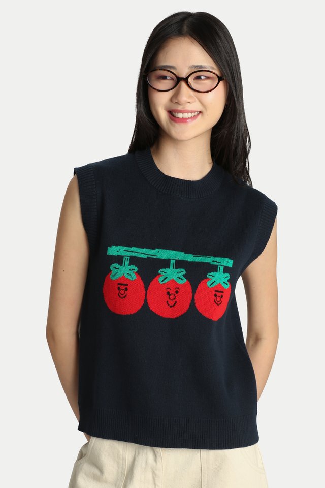 ARCADE X TESS SMITH-ROBERTS “TOMATOES” KNITTED VEST IN NAVY