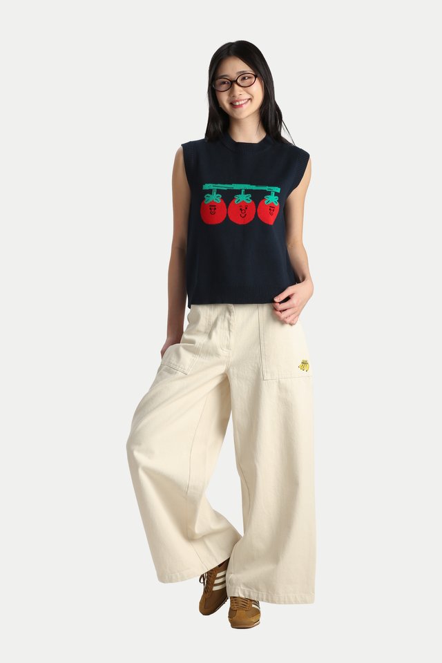 ARCADE X TESS SMITH-ROBERTS “TOMATOES” KNITTED VEST IN NAVY
