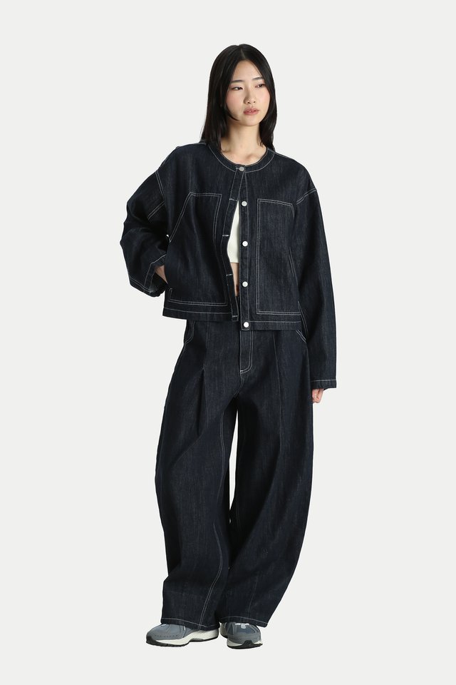 KENTA CONTRAST DENIM BARREL LEG JEANS IN DARK WASH