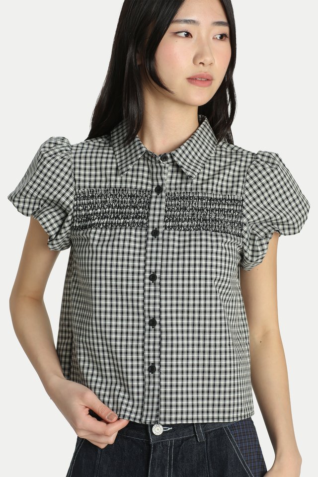 TESSA SHIRRED PUFF SLEEVE TOP IN BLACK CHECKS