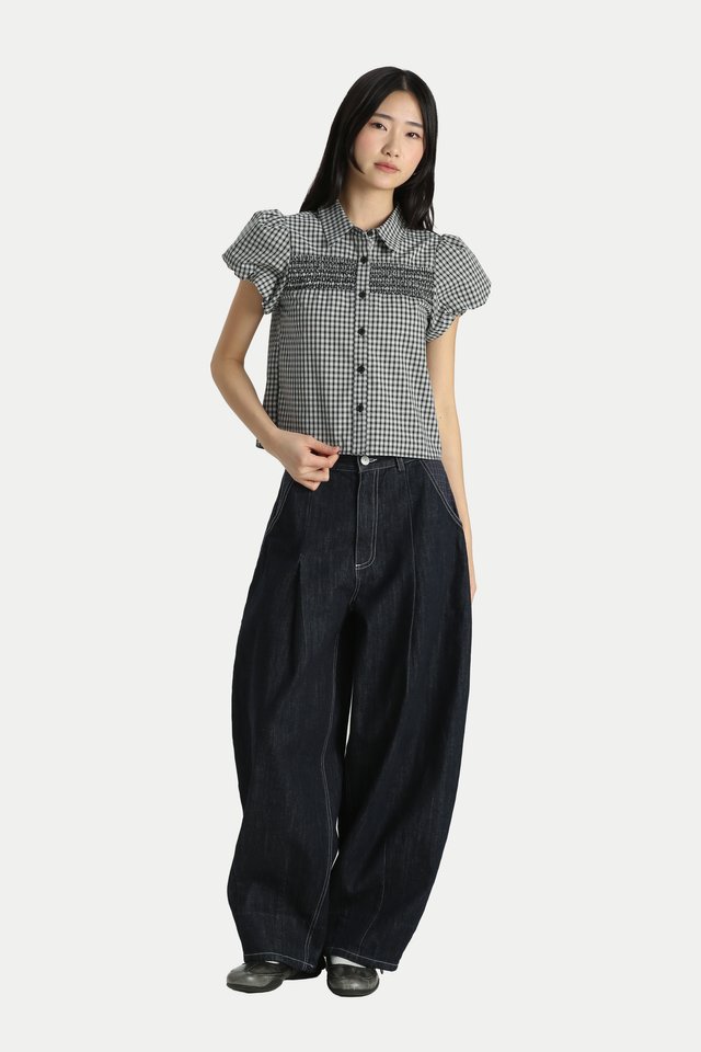 TESSA SHIRRED PUFF SLEEVE TOP IN BLACK CHECKS