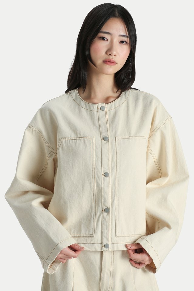 KAYLEN BOXY DENIM WORK JACKET IN ECRU