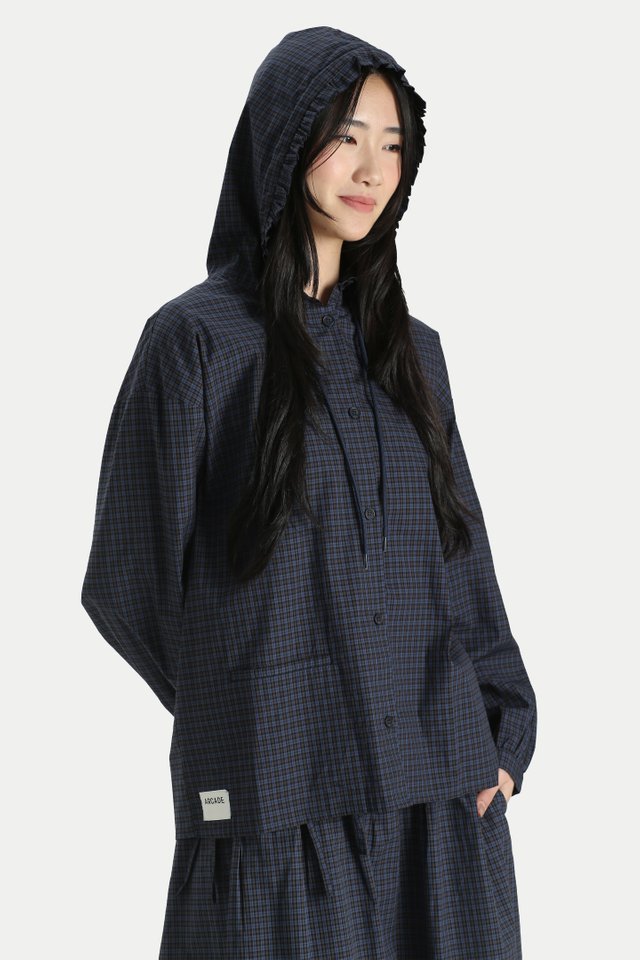 FLEURETTE OVERSIZED FRILL HOODIE SHIRT IN COASTAL CHECKS