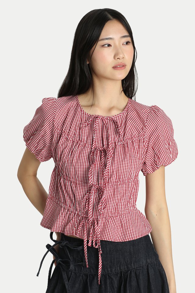 TESSIE PUFF SLEEVE TIE TOP IN RED GINGHAM