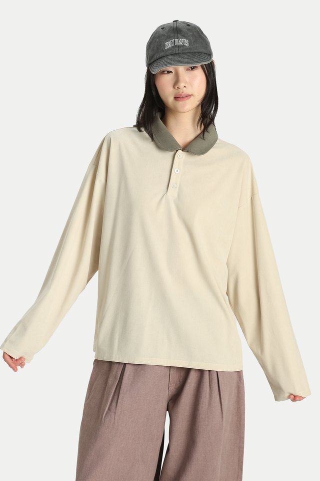 LEIA CONTRAST ROUND COLLAR POLO IN CREAM