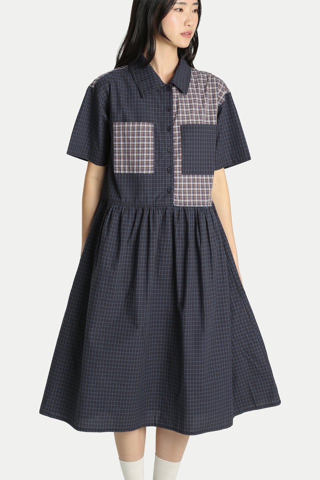 OMRI CONTRAST CHECKERED OVERSIZED BOXY DRESS IN COASTAL/BROWN