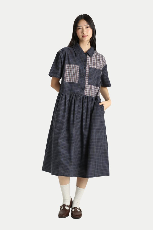 OMRI CONTRAST CHECKERED OVERSIZED BOXY DRESS IN COASTAL/BROWN