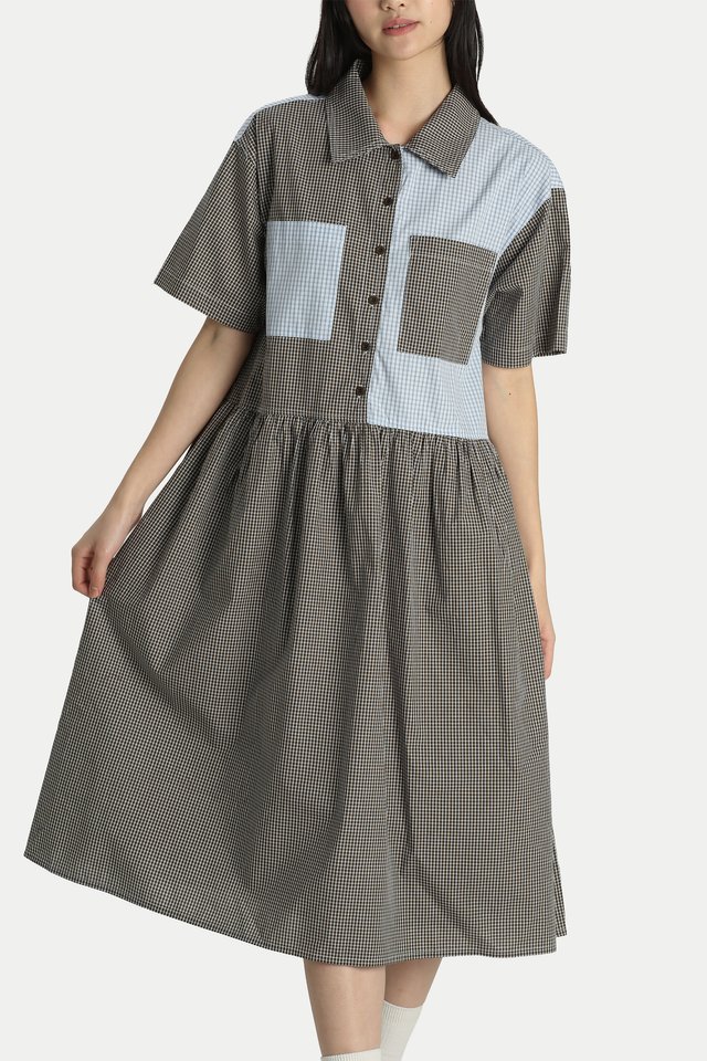 OMRI CONTRAST CHECKERED OVERSIZED BOXY DRESS IN OLIVE/SKY