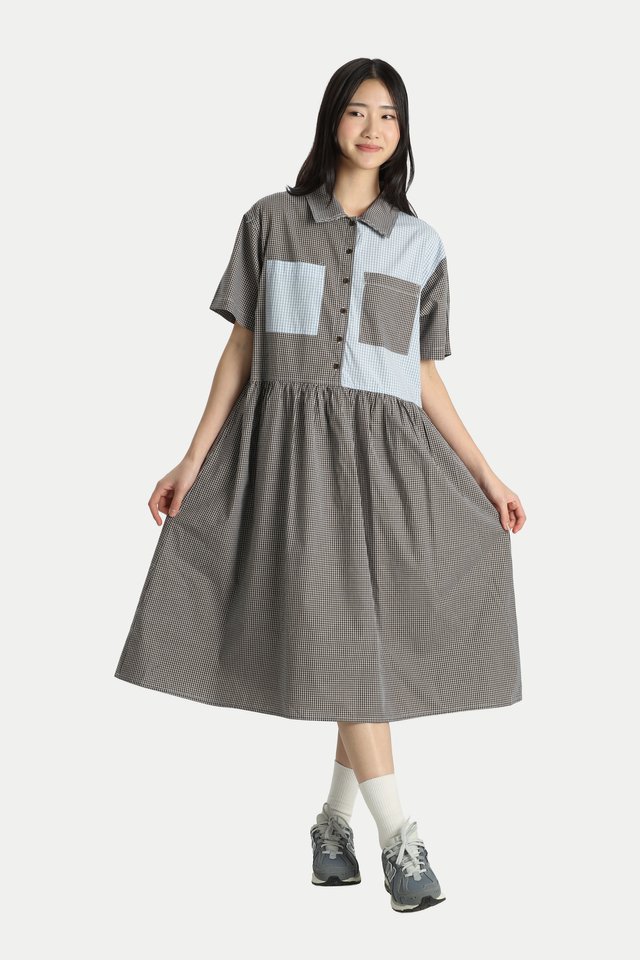 OMRI CONTRAST CHECKERED OVERSIZED BOXY DRESS IN OLIVE/SKY