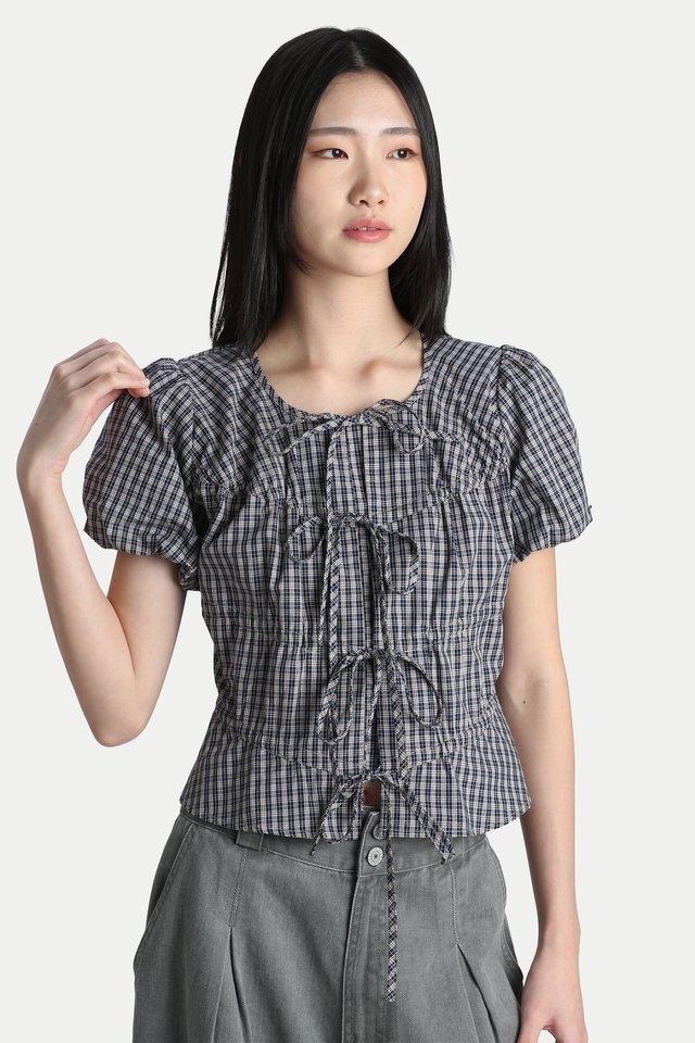 TESSIE PUFF SLEEVE TIE TOP IN NAVY CHECKS