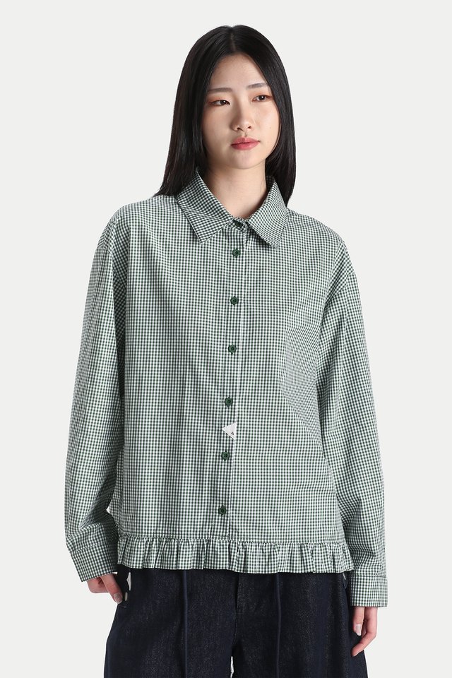 CALCIE FRILL HEM SHIRT IN GREEN GINGHAM