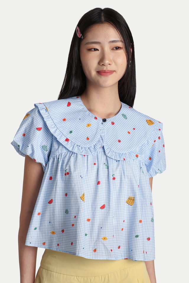 ARCADE X TESS SMITH-ROBERTS “SUNDAY MARKET” DETACHABLE BIB BABYDOLL TOP IN SKY GINGHAM