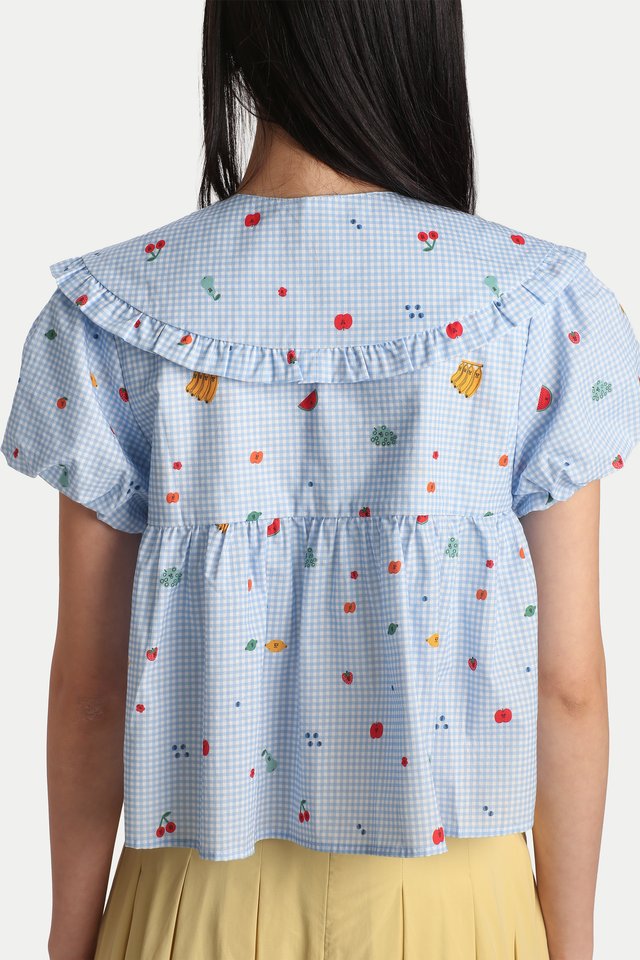 ARCADE X TESS SMITH-ROBERTS “SUNDAY MARKET” DETACHABLE BIB BABYDOLL TOP IN SKY GINGHAM