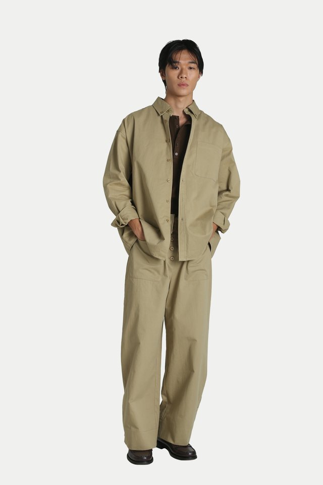 HUDSON COLLARED WIDE-FIT TROUSERS IN KHAKI