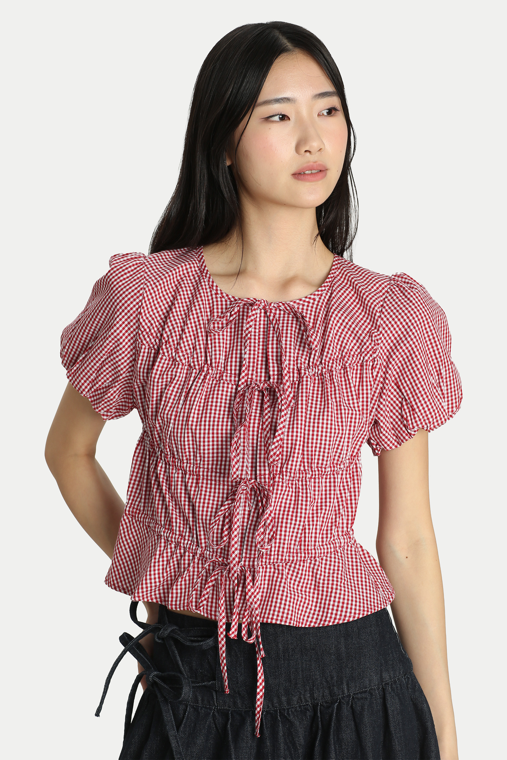 TESSIE PUFF SLEEVE TIE TOP IN RED GINGHAM
