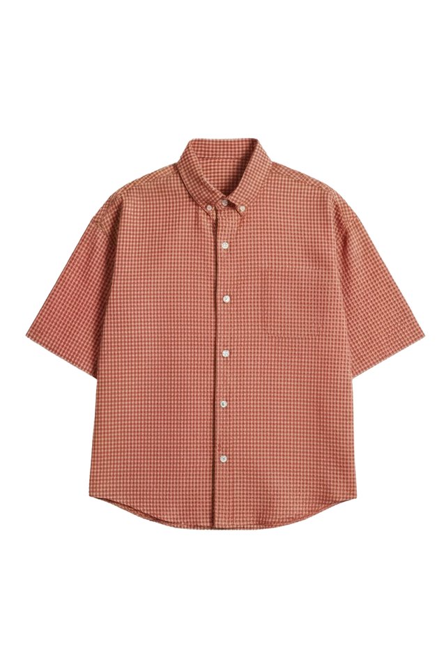 KIP CHECKED LINEN AERO SHIRT IN GRAPEFRUIT
