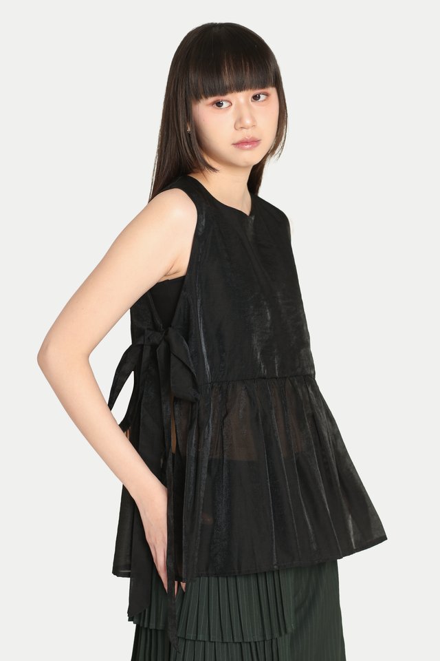 LYDIA SIDE TIE FLARE SHEER TOP IN BLACK