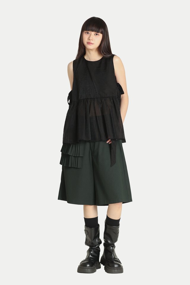 LYDIA SIDE TIE FLARE SHEER TOP IN BLACK