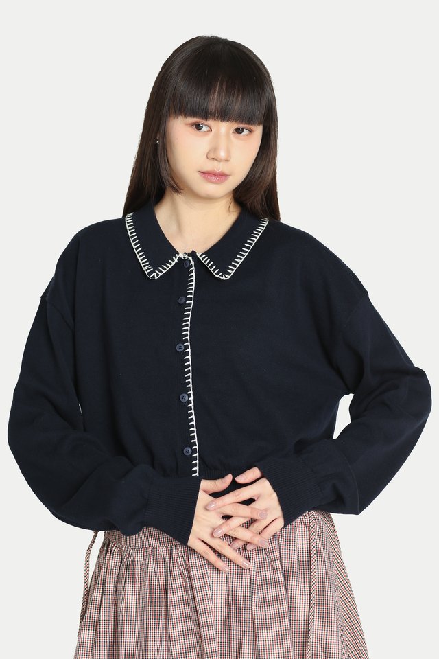 PAISLEY KNITTED CONTRAST STITCH CARDIGAN IN NAVY