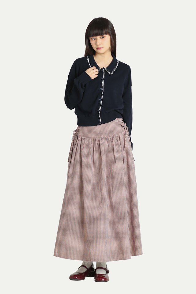 PAISLEY KNITTED CONTRAST STITCH CARDIGAN IN NAVY