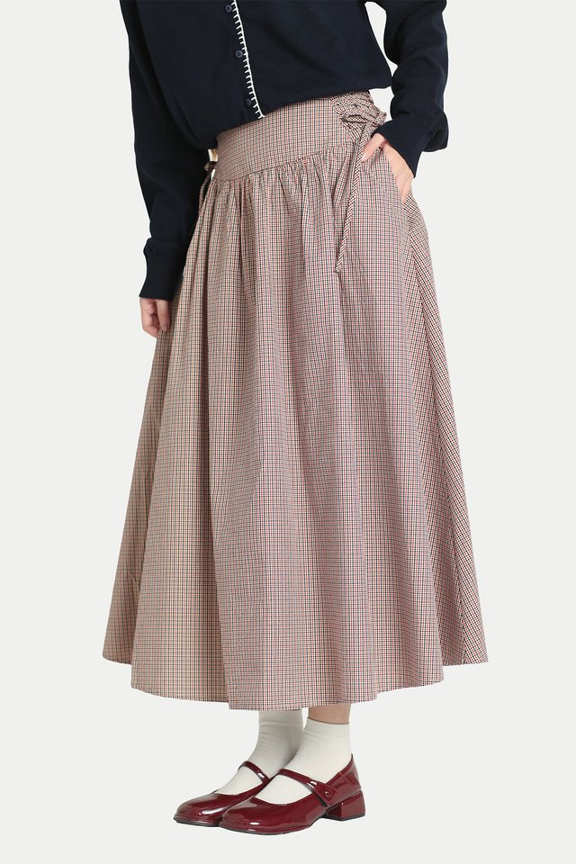 TSUKI SIDE CORSET MIDI SKIRT IN VINTAGE CHECKS