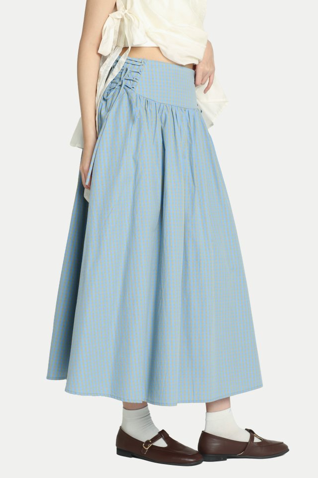 TSUKI SIDE CORSET MIDI SKIRT IN SKY CHECKS