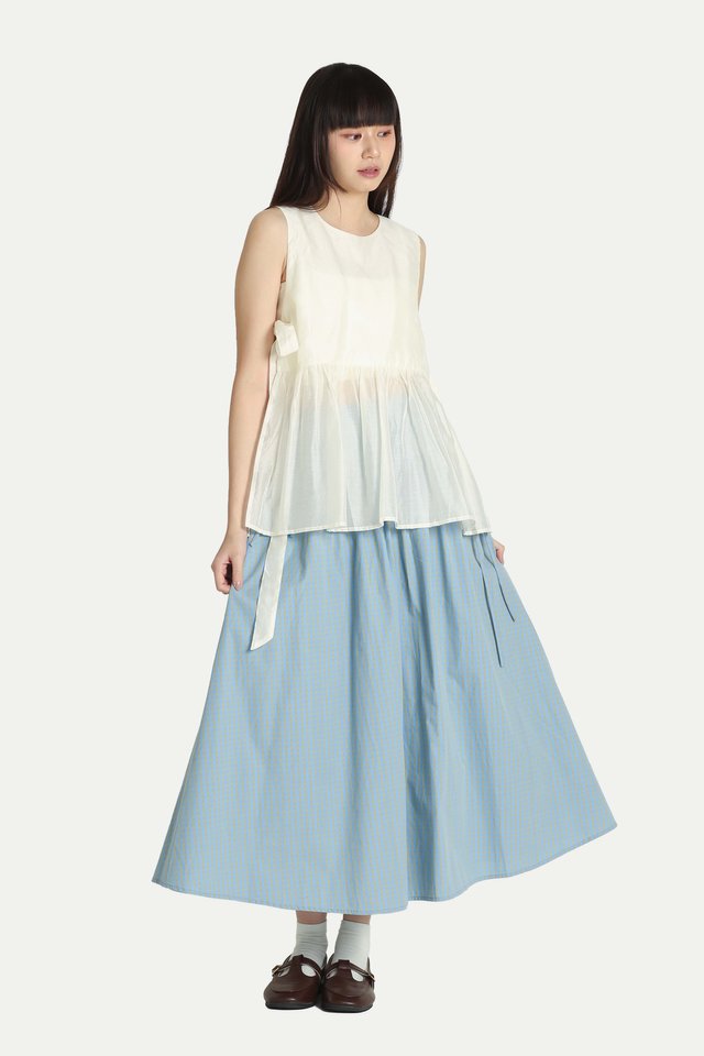 TSUKI SIDE CORSET MIDI SKIRT IN SKY CHECKS