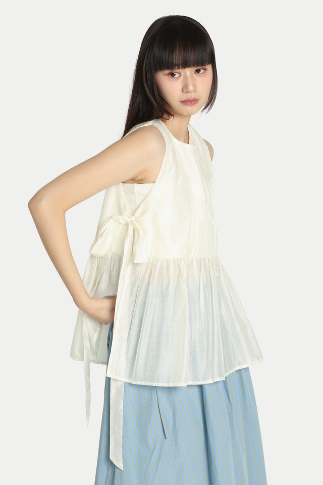 LYDIA SIDE TIE FLARE SHEER TOP IN WHIPPED CREAM