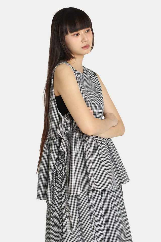 LYDIA SIDE TIE FLARE TOP IN BLACK GINGHAM