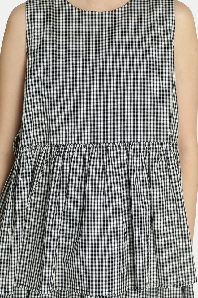 LYDIA SIDE TIE FLARE TOP IN BLACK GINGHAM
