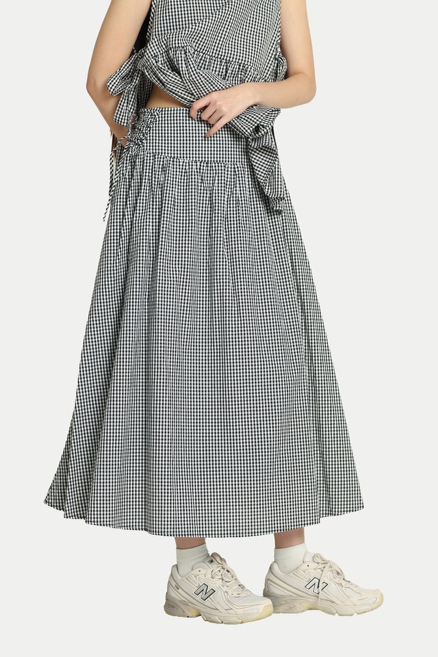 TSUKI SIDE CORSET MIDI SKIRT IN BLACK GINGHAM