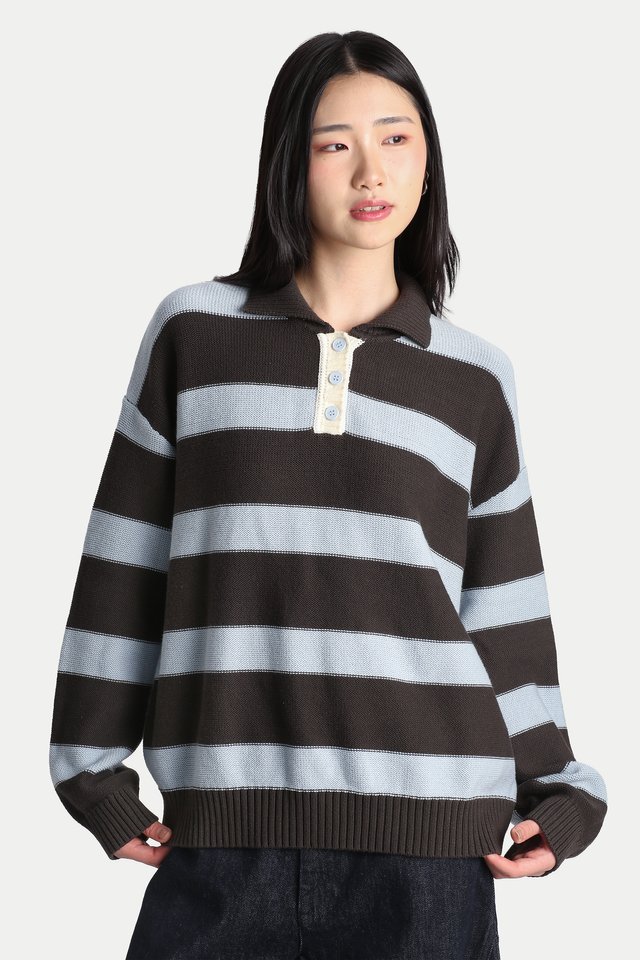 UMEKO STRIPE KNITTED POLO IN SKY