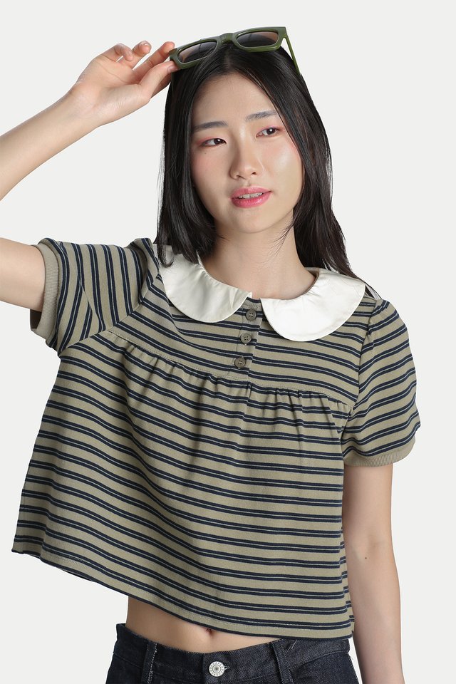 CAITLIN BABYDOLL STRIPE POLO IN OLIVE STRIPES