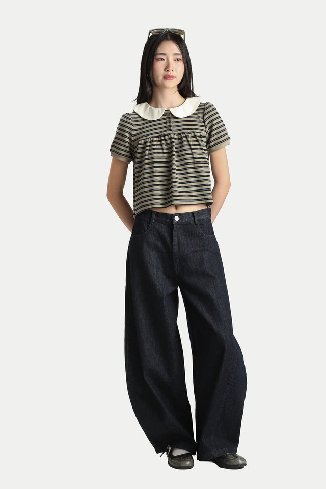 CAITLIN BABYDOLL STRIPE POLO IN OLIVE STRIPES