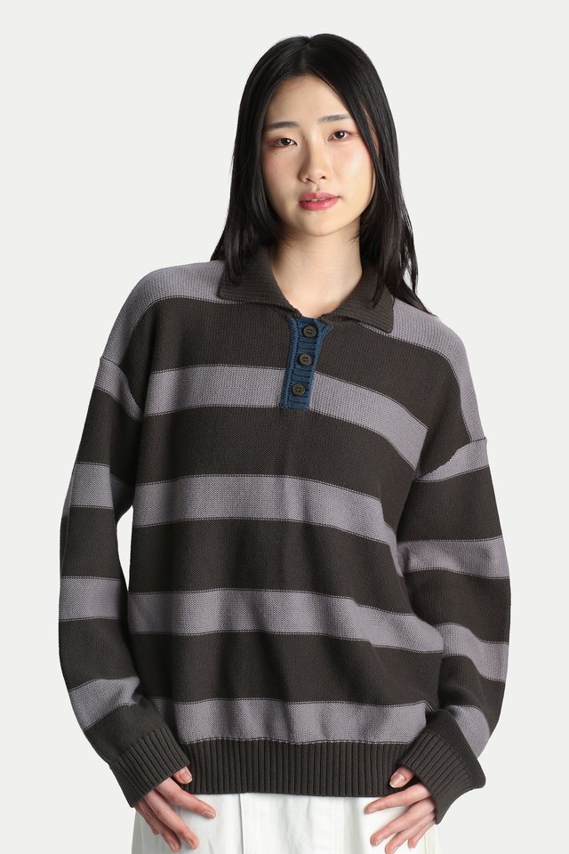 UMEKO STRIPE KNITTED POLO IN CHARCOAL
