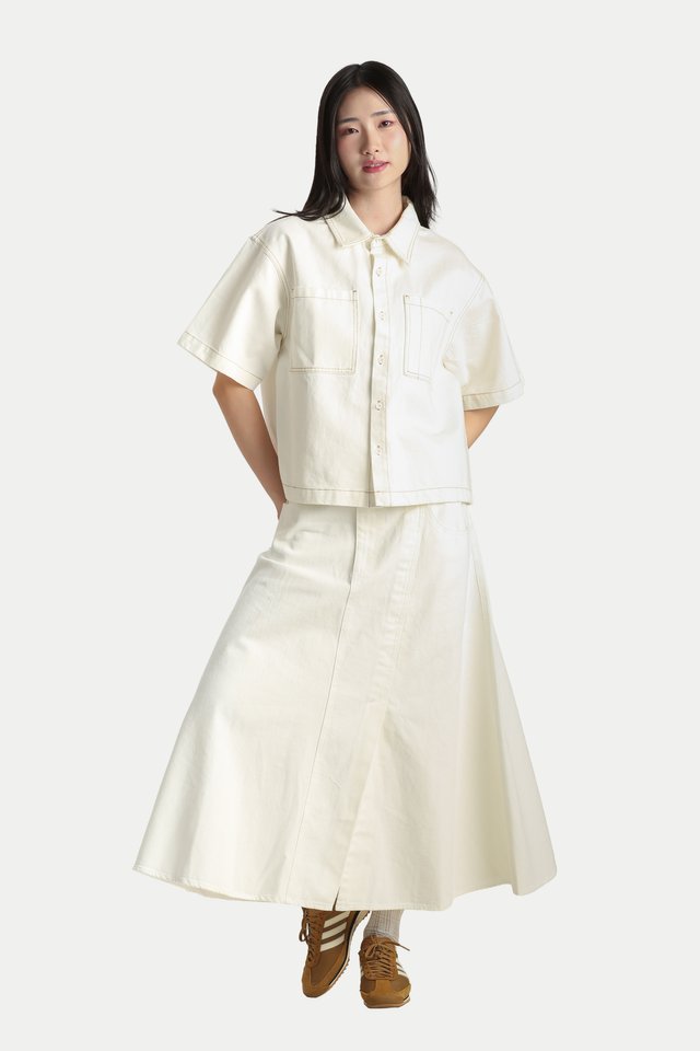 YUME ASYMMETRICAL DENIM SKIRT IN WHITE