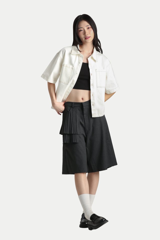 GIA SIDE PLEATED PEPLUM SUIT BERMS IN PEBBLE PIN STRIPES