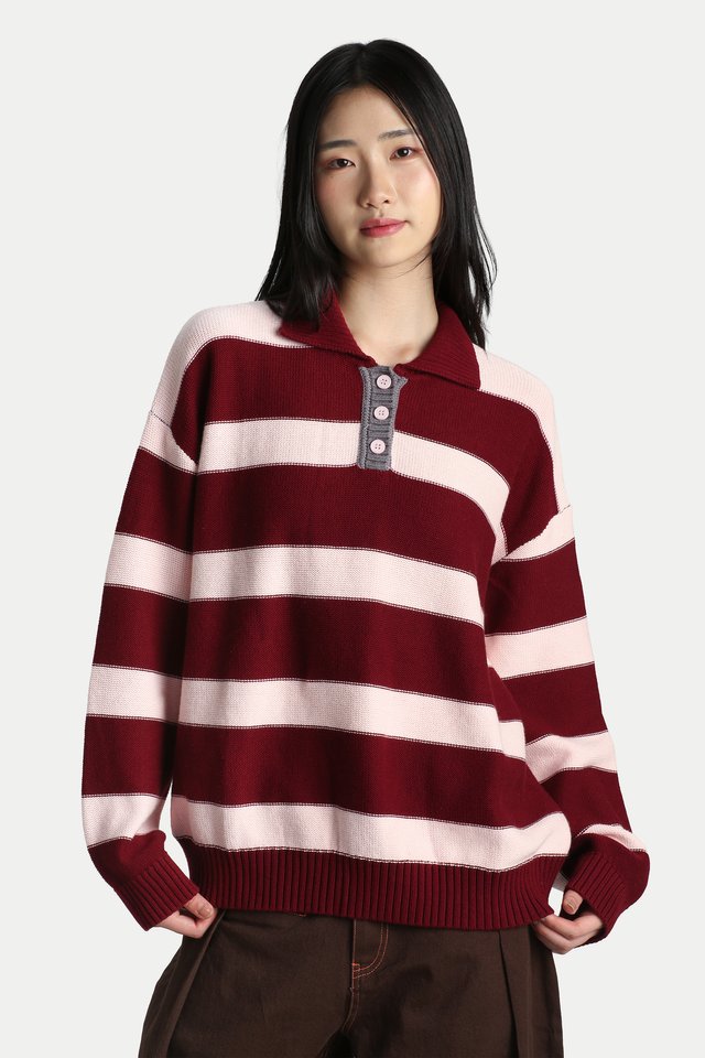UMEKO STRIPE KNITTED POLO IN STRAWBERRY