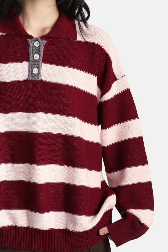 UMEKO STRIPE KNITTED POLO IN STRAWBERRY