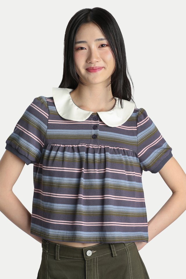 CAITLIN BABYDOLL STRIPE POLO IN DUSK STRIPES